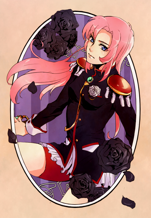 1girl bad_id bike_shorts black_rose black_rose_(flower) blue_eyes epaulettes flower long_hair pink_hair rose shoujo_kakumei_utena solo tenjou_utena white_rose