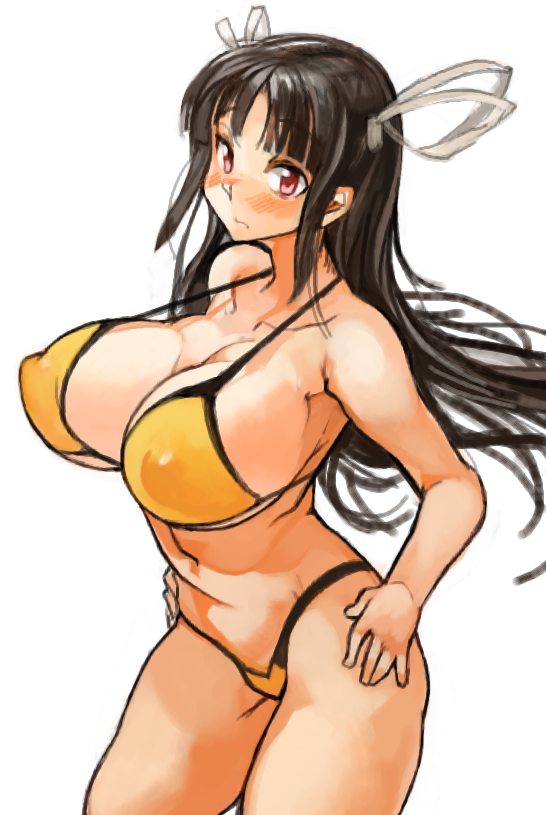 1girl bikini black_hair blush breasts cleavage collarbone hair_ribbon hands_on_hips hiyou_(kantai_collection) huge_breasts kantai_collection long_hair midriff navel red_eyes ribbon sachito simple_background solo swimsuit under_boob white_background white_ribbon yellow_bikini