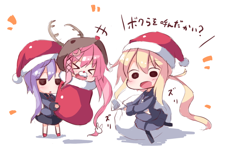 &gt;_&lt; 3girls antlers blonde_hair chibi hat kantai_collection long_hair multiple_girls ominaeshi_(takenoko) pink_hair purple_hair reindeer_antlers santa_hat satsuki_(kantai_collection) school_uniform serafuku sketch translated uzuki_(kantai_collection) yayoi_(kantai_collection)