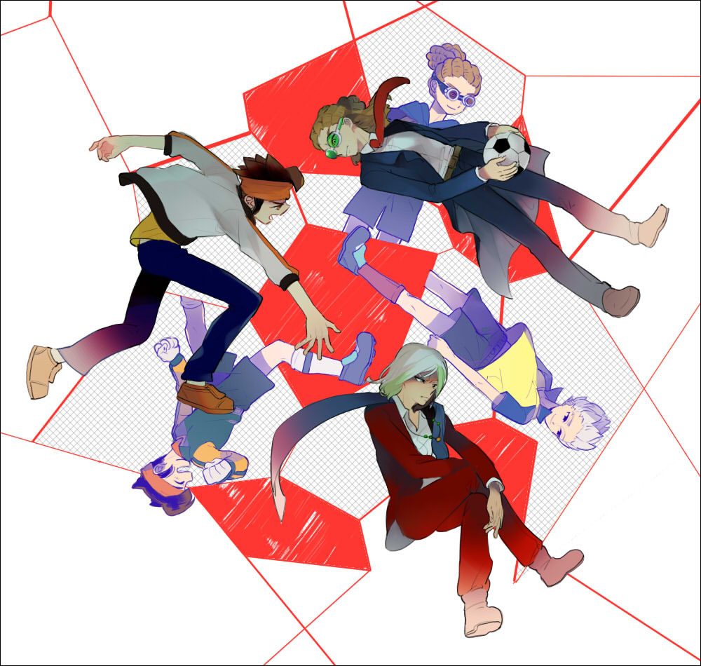 adult age_progression bad_id ball brown_eyes brown_hair cape crossed_legs crossover dual_persona endou_mamoru formal glasses goalkeeper goggles gouenji_shuuya hairlocs headband inazuma_eleven inazuma_eleven_(series) inazuma_eleven_go jacket kidou_yuuto legs_crossed male multiple_boys necktie open_mouth outstretched_hand raimon ryvlab short_hair sitting smile soccer_ball soccer_uniform suit white_hair young