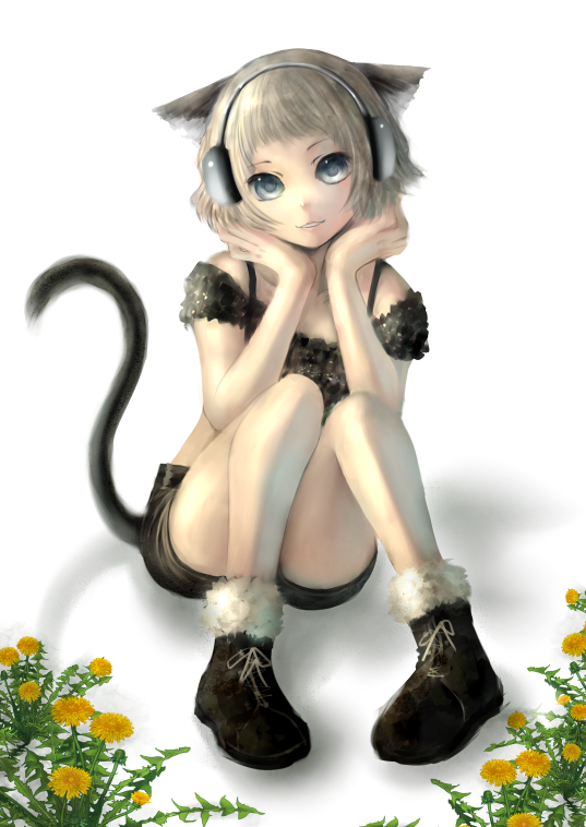 animal_ears bad_id blonde_hair blue_eyes cat_ears cat_tail convenient_censoring convenient_leg dandelion flower fur_trim headphones looking_at_viewer original pigeon-toed pigeon_toed shadow shorts sitting solo tail