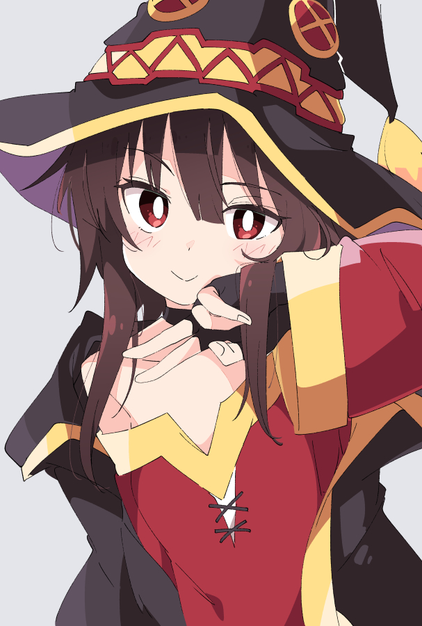 1girl :&gt; bangs black_cape black_choker black_gloves black_headwear blush bright_pupils brown_hair cape choker dress eyebrows_visible_through_hair fingerless_gloves gloves hair_between_eyes hat ixy kono_subarashii_sekai_ni_shukufuku_wo! looking_at_viewer megumin red_dress red_eyes short_hair short_hair_with_long_locks sidelocks simple_background solo v white_pupils witch_hat