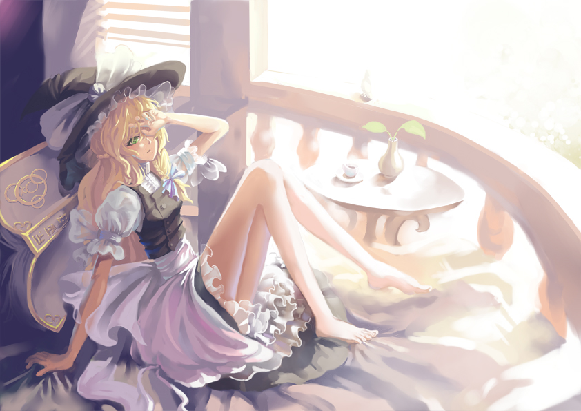balcony bare_legs barefoot blonde_hair feet green_eyes hat kirisame_marisa long_hair madyy petticoat solo table touhou waking_up witch witch_hat
