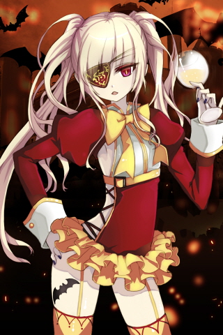 eyepatch flat_chest frills garter_belt gathers hand_on_hip hips light_particles long_hair long_sleeves lowres markings open_mouth pale_skin red_eyes ribbon ruffles skirt solo sword_girls thigh-highs thighhighs twintails