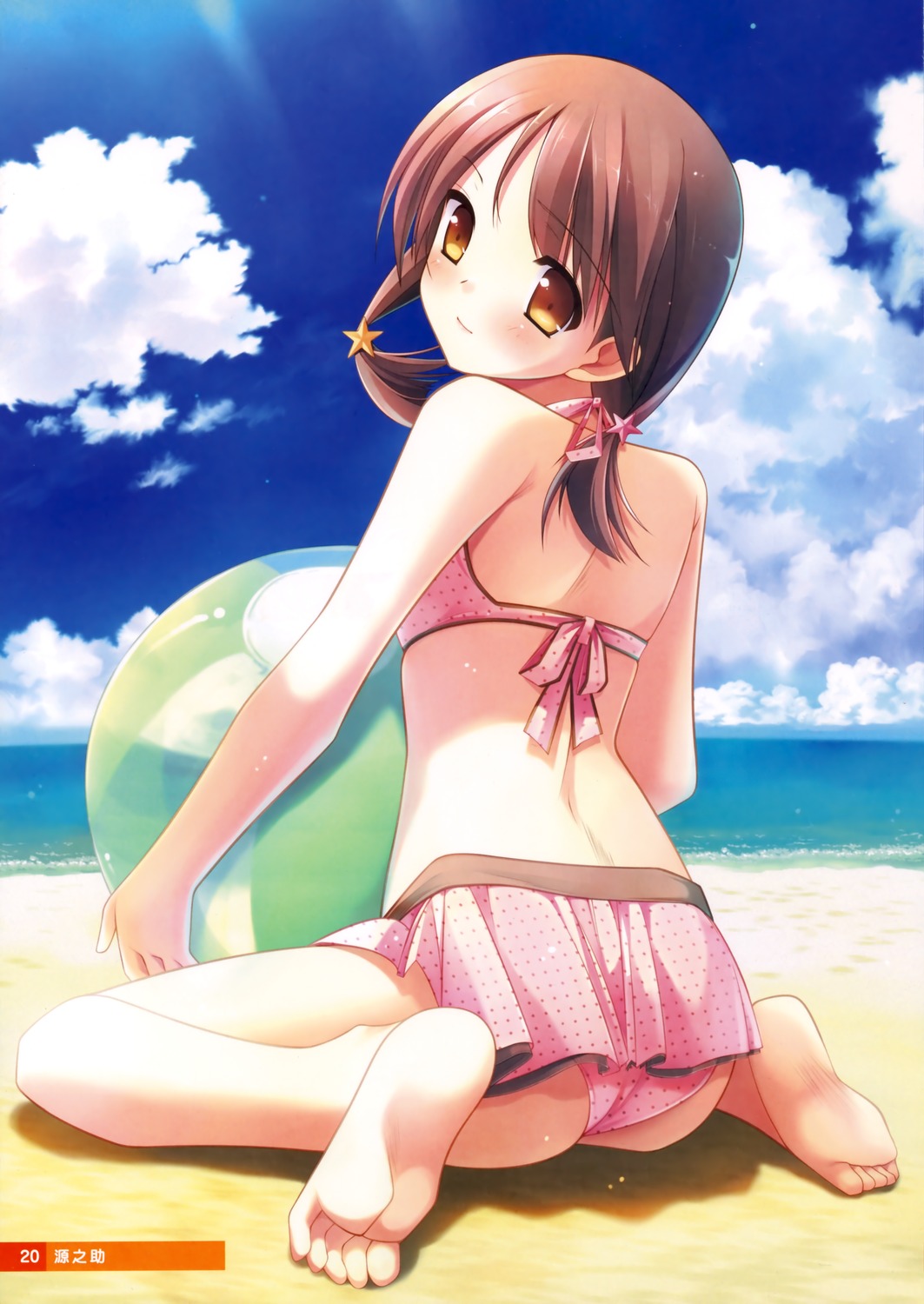 absurdres ass back ball bare_shoulders barefoot beach beachball bikini bikini_skirt blush brown_hair cloud feet from_behind gennosuke_(artist) hair_ornament highres hirosaki_kanade light_smile long_hair looking_at_viewer looking_back ocean polka_dot polka_dot_bikini polka_dot_swimsuit short_twintails sitting sky soles solo star swimsuit toes twintails wariza water yellow_eyes your_diary