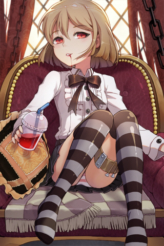 blood blood_in_mouth bow brown_hair buttons chain chains chair character_request checkered footwear gilse holster lignigese long_sleeves lowres panties pillow pleated_skirt red_eyes ribbon short_hair sitting skirt smile socks solo striped striped_legwear striped_panties striped_socks sword_girls thigh-highs thigh_holster thighhighs underwear vampire