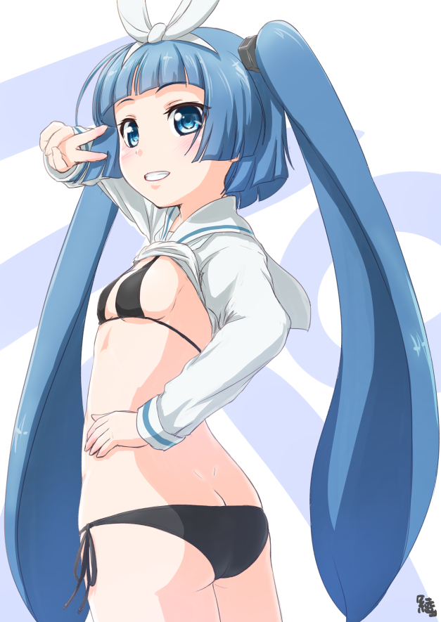 1girl ayama_yuiya bikini blue_eyes blue_hair character_request long_hair shirt_lift swimsuit twintails
