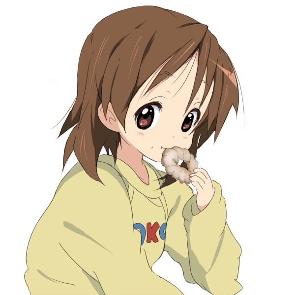 1girl brown_eyes brown_hair clothes_writing clothing_writing core_(mayomayo) doughnut hair_down hirasawa_ui k-on! short_hair simple_background sleep_wear solo white_background