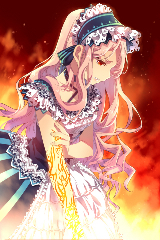 corset dress fire frills hairband lace long_hair lowres maid_headdress markings pain pink_hair red_eyes solo sword_girls