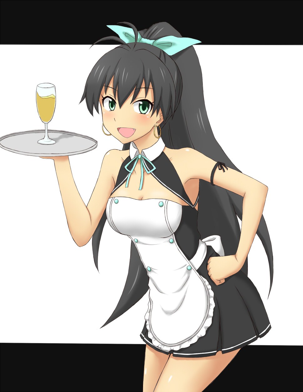 bare_shoulders bent_over black_hair breasts ca-nal champagne cleavage cosplay dream_c_club earrings fang ganaha_hibiki glass green_eyes hair_ribbon hand_on_hip highres hips idolmaster jewelry letterboxed long_hair open_mouth ponytail ribbon smile solo tray waitress