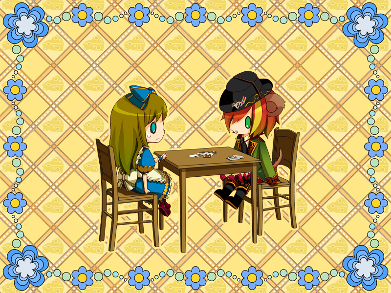 1girl alice_liddell animal_ears apron aqua_eyes blonde_hair boots bow brown_hair card cards chair cheese chibi dress flower game_cg green_eyes hair_bow hair_over_one_eye hat heart_no_kuni_no_alice highlights long_hair lying_card mouse_ears mouse_tail official_art open_mouth pierce_villiers playing_card red_hair redhead skirt surprised sweat table tail white_blank_card wristband