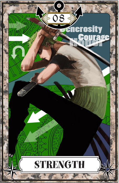 anchor directional_arrow earrings english green_hair haramaki igarashi_(wp13) jewelry male one_piece roronoa_zoro solo sword tarot weapon