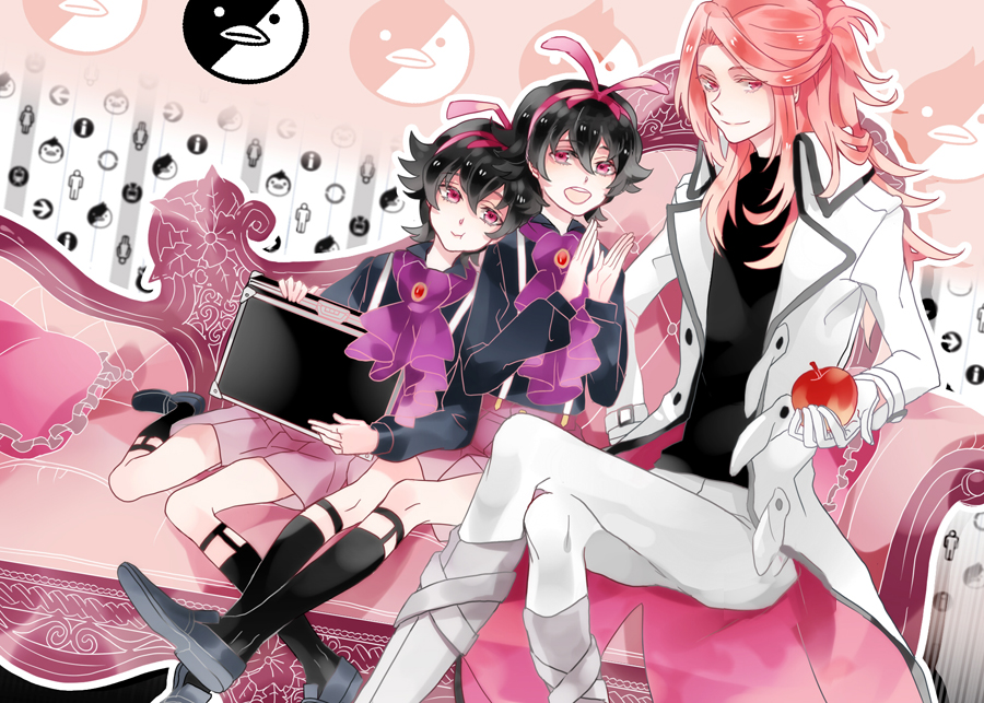 apple black_hair food fruit gloves hair_ribbon long_hair male mawaru_penguindrum michi_(iawei) multiple_boys open_mouth pink_hair red_eyes ribbon shirase_(mawaru_penguindrum) souya_(mawaru_penguindrum) trap watase_sanetoshi