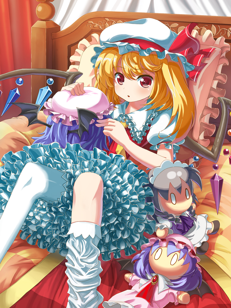 1girl :o ascot bat_wings bed bed_frame blonde_hair braid brooch character_doll embellished_costume flandre_scarlet frills gathers grey_hair hat hat_ribbon izayoi_sakuya jewelry lavender_hair loose_thighhigh maid maid_headdress naox o_o on_back pillow red_eyes remilia_scarlet ribbon short_hair side_ponytail solo the_embodiment_of_scarlet_devil thigh-highs thighhighs touhou twin_braids white_legwear wings yukkuri_shiteitte_ne