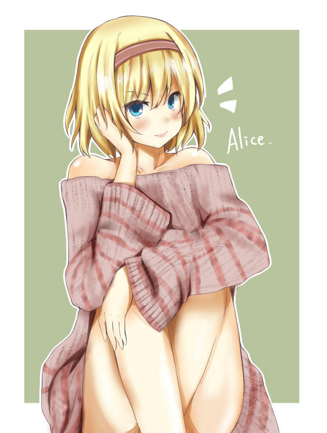 alice_margatroid alternate_costume bangs bare_legs bare_shoulders blonde_hair blue_eyes blush body_blush bottomless character_name collarbone frown green_background hair_between_eyes hairband hand_in_hair hand_on_own_face head_tild knees_to_chest lips looking_at_viewer naked_sweater no_pants off_shoulder oktbatch oversized_clothes pullover shiny shiny_skin short_hair sitting smile solo sweater touhou wide_sleeves