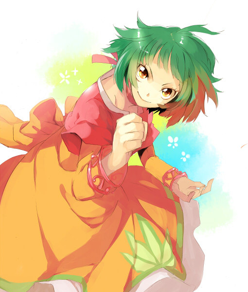 bolero brown_eyes cropped_jacket dress farah_oersted fighting_stance green_hair orange_dress shihage short_hair smile solo tales_of_(series) tales_of_eternia