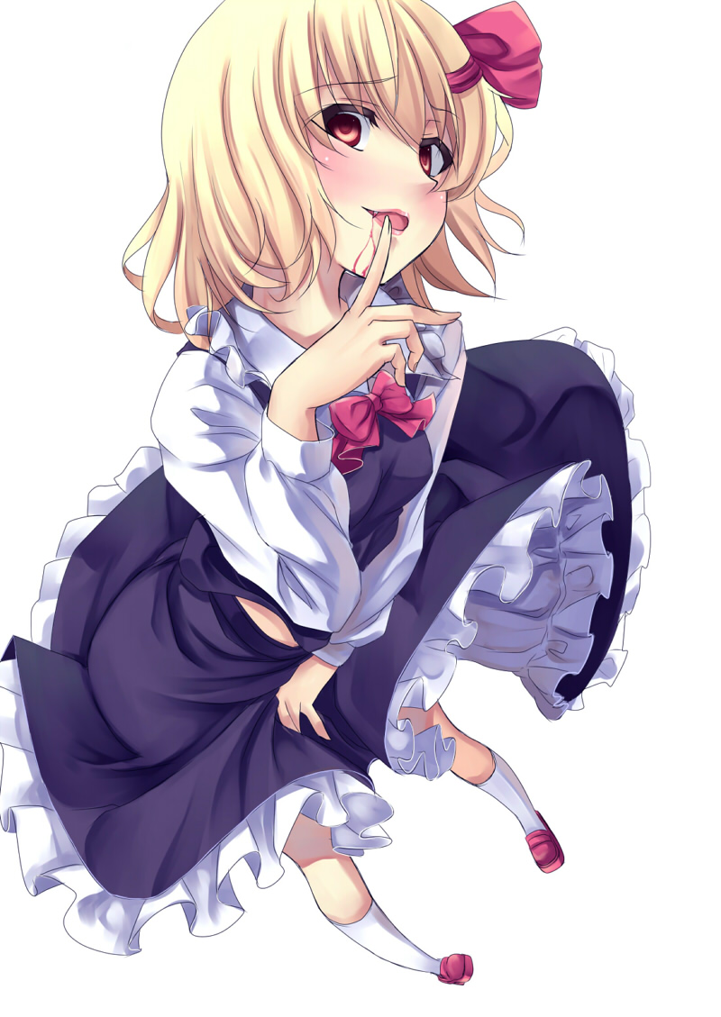 blonde_hair blood blush bow dress fang finger_to_mouth footwear foreshortening hair_ribbon kinntarou looking_at_viewer open_mouth pigeon-toed pigeon_toed red_eyes ribbon rumia short_hair simple_background smile socks solo the_embodiment_of_scarlet_devil touhou white_legwear youkai