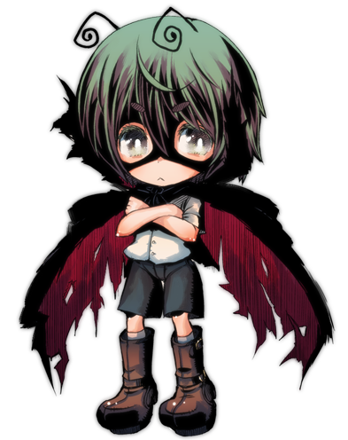 :&lt; androgynous antennae bad_id boots cape chibi cream_(nipakupa) crossed_arms green_hair grey_eyes lowres mask shirt short_hair shorts solo spawn tomboy torn_cape touhou transparent_background wriggle_nightbug