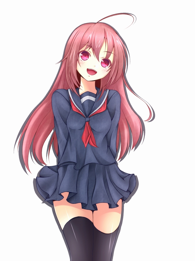 fuku_d long_hair original pink_hair red_eyes school_uniform serafuku thigh-highs thighhighs