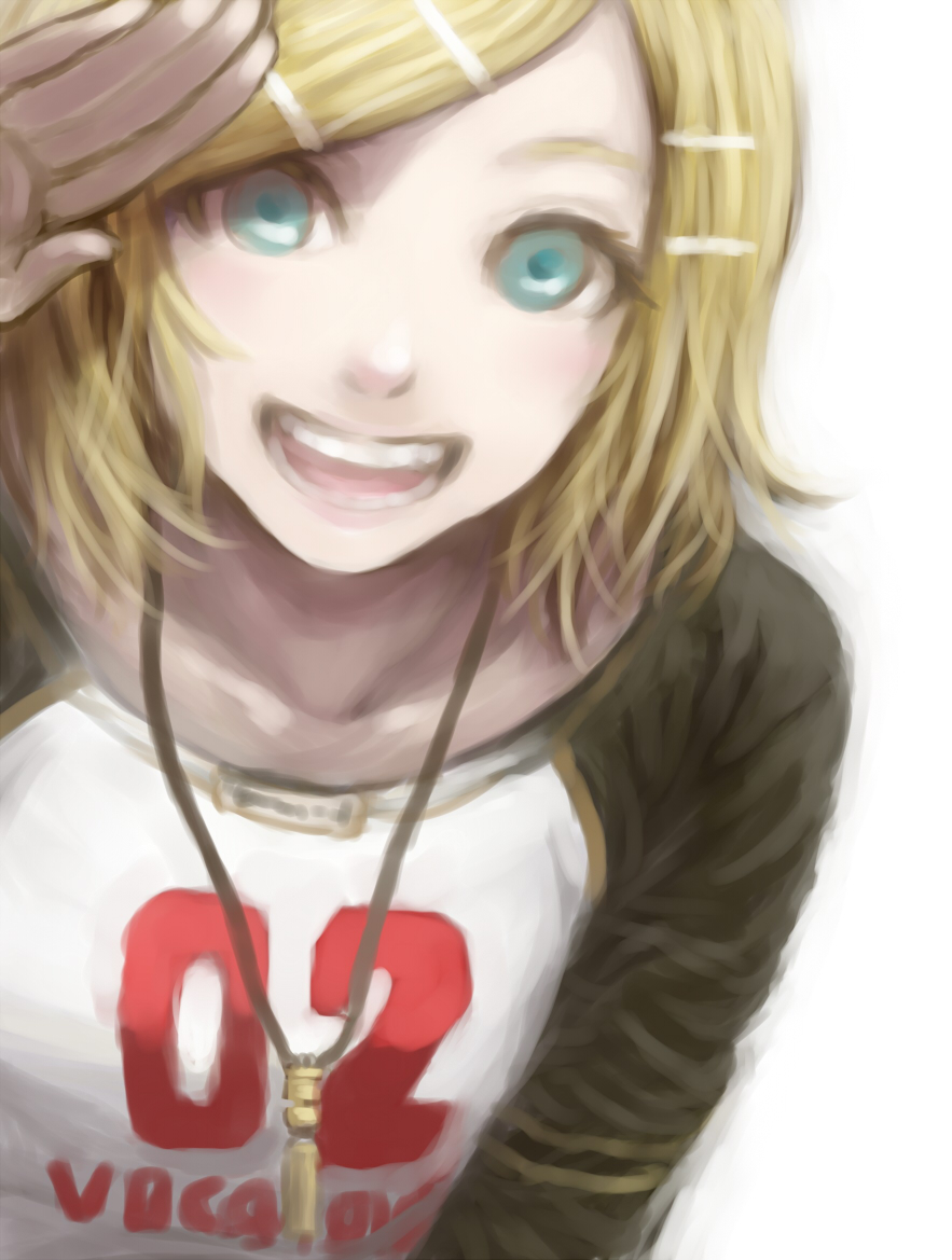 aqua_eyes blonde_hair casual clothes_writing clothing_writing hair_ornament hairclip jewelry kagamine_rin necklace open_mouth raglan_sleeves short_hair sk_hand smile solo vocaloid
