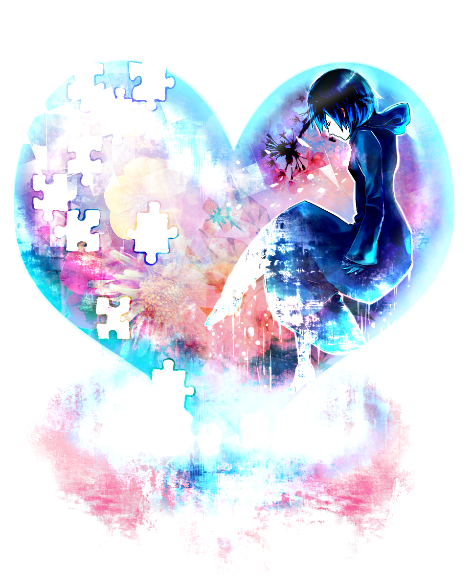 cloak closed_eyes eyes_closed gloves heart highres kingdom_hearts kingdom_hearts_358/2_days puzzle short_hair slee solo xion_(kingdom_hearts)