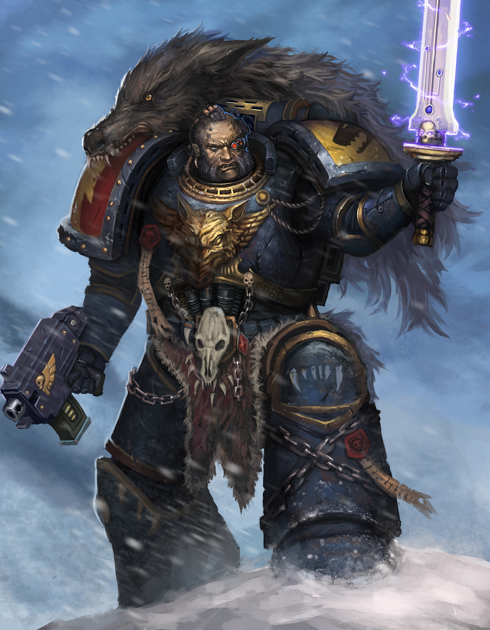 armor beard black_hair blue_eyes bolter braid earrings electricity facial_hair highres jewelry lieqi_hun male manly pelt ryouki_tamashii sharp_teeth skull snow snowing solo space_marines space_wolves sword warhammer_40k weapon wolf