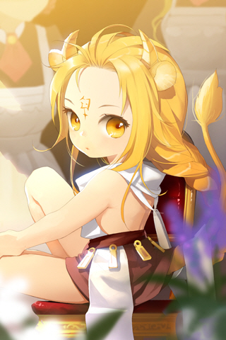back blonde_hair child facial_mark forehead_mark gold_lion_nold horns lion lion_ears lion_tail looking_back lowres markings nold sash sitting solo sword_girls tail yellow_eyes young