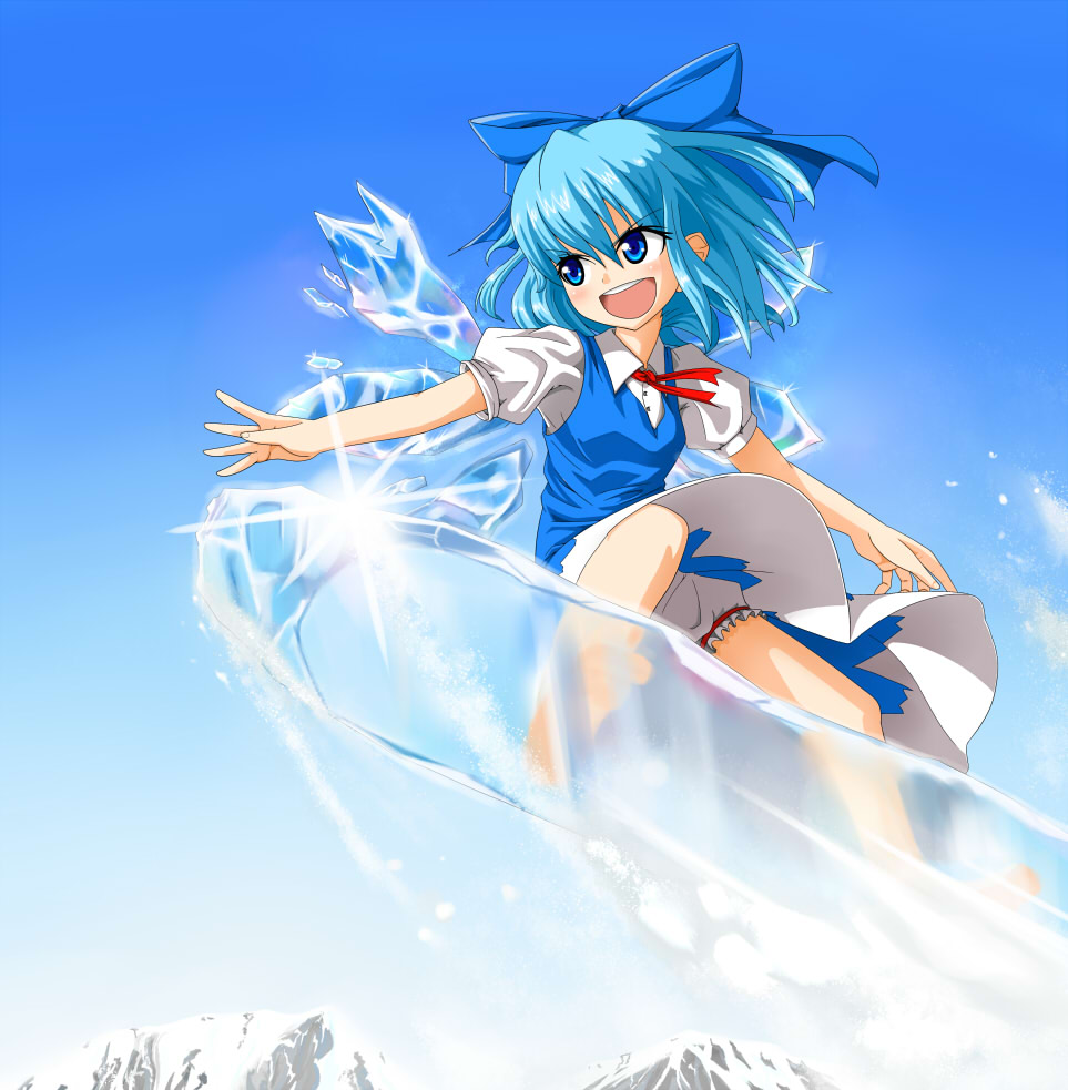1girl bare_legs barefoot bloomers blue_eyes blue_hair blue_sky bow cirno dress from_below hair_bow ice ice_wings mountain neck_ribbon open_mouth perfect_cherry_blossom ribbon short_hair sky snow snowboard solo sparkle touhou wings