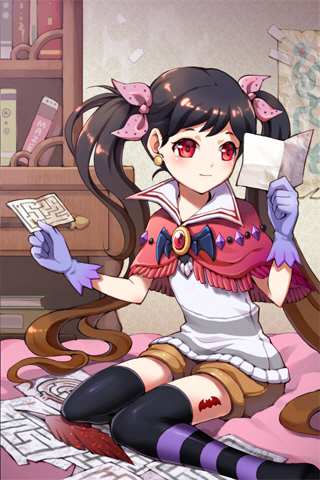 blush bolero book brown_hair crescent_maze cropped_jacket earrings feathers flat_chest gloves jewelry long_hair lowres markings multicolored_hair paper red_eyes shorts sitting smile solo striped striped_legwear sword_girls thigh-highs thighhighs twintails