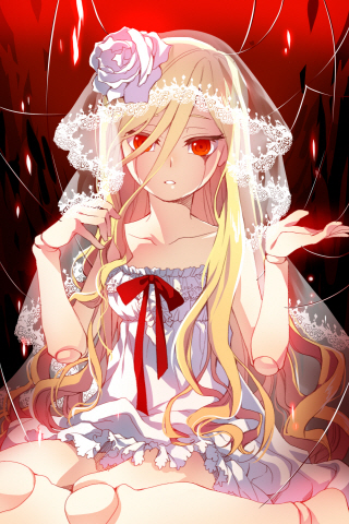 blonde_hair c.seryl collarbone doll_joints flat_chest flower frills long_hair looking_at_viewer lowres red_eyes ribbon rose ruffles sitting solo sword_girls veil