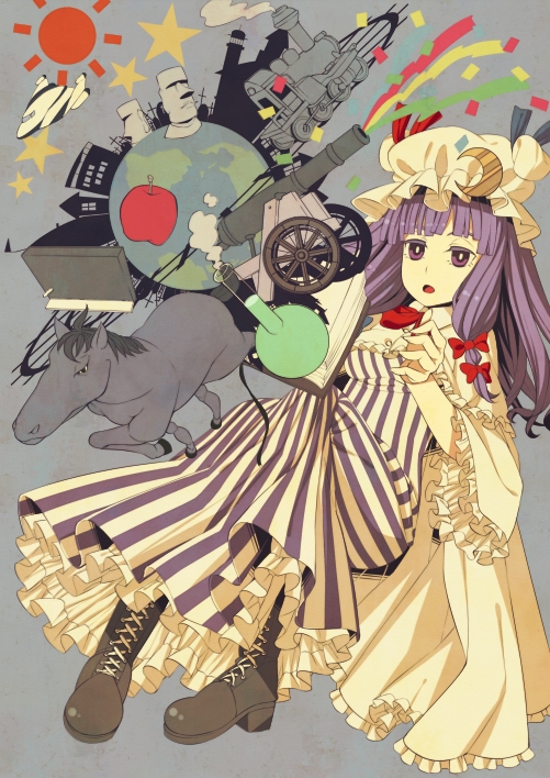 1girl bad_id book boots cannon crescent cross-laced_footwear hat horse landmark long_hair moai ogino_(oginogino) patchouli_knowledge petticoat planet purple_eyes purple_hair solo striped touhou train vertical_stripes violet_eyes