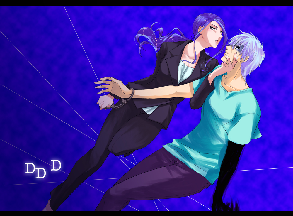 blue_hair cuffs decoration_disorder_disconnection dutch_angle formal grey_hair handcuffs ishizue_arika letterboxed long_hair pant_suit ponytail shaded_face short_hair silver_hair suit t-shirt touma_mato yuzuki_kisa