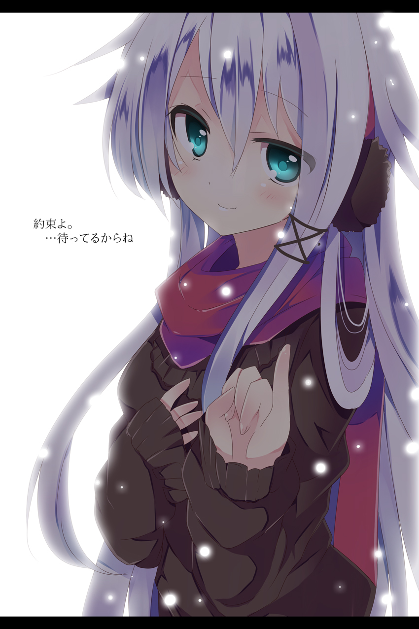 ancer_(mishima_kurone) anceril_sacred aqua_eyes bad_id blush earmuffs hand_on_own_chest highres letterboxed long_hair looking_at_viewer mishima_kurone original scarf smile snow solo translated white_hair