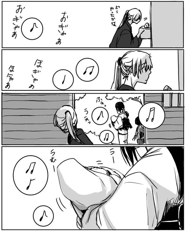 black_hair carrying child comic couple family himura_kenshin japanese_clothes kimu_(risatoko) long_hair monochrome musical_note ponytail rurouni_kenshin translated translation_request yukishiro_tomoe