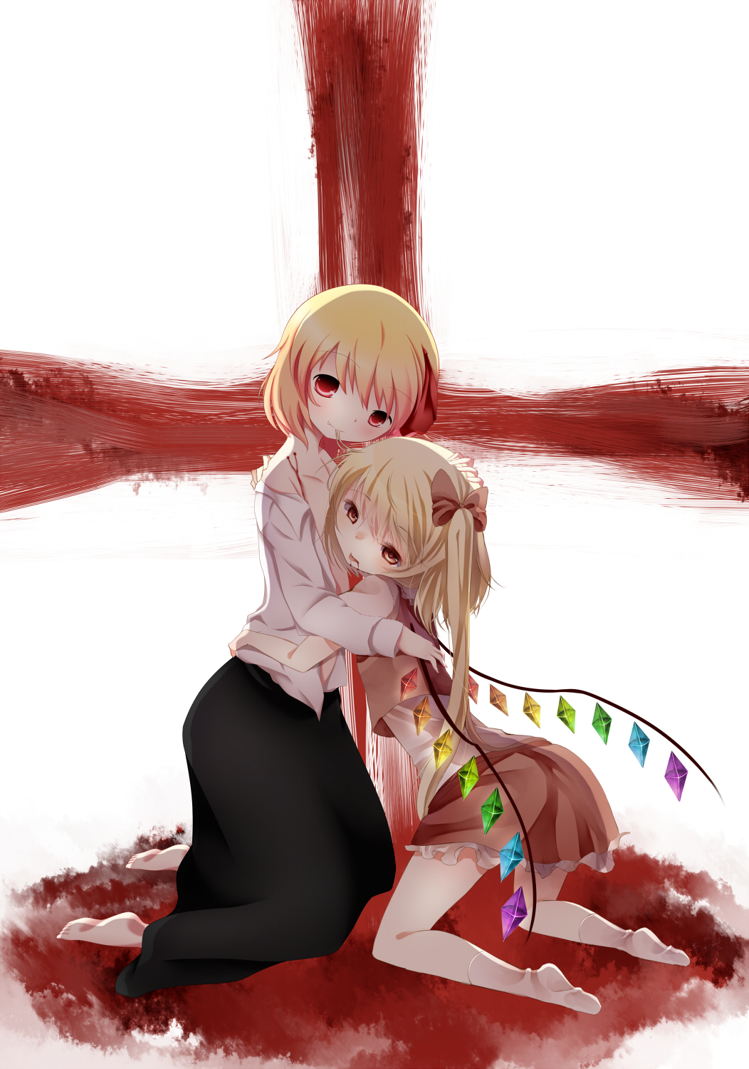 :p barefoot bite_mark blonde_hair blood blood_in_mouth blood_on_face blush bow cross dress fang flandre_scarlet hair_bow hair_in_mouth hair_ribbon hand_on_head head_tilt highres hug kneeling long_sleeves looking_at_viewer multiple_girls no_hat no_headwear open_clothes petting red_eyes ribbon rumia shirt short_hair side_ponytail skirt smile tepes the_embodiment_of_scarlet_devil tongue tongue_out touhou unbuttoned vampire white_legwear white_shirt wings youkai