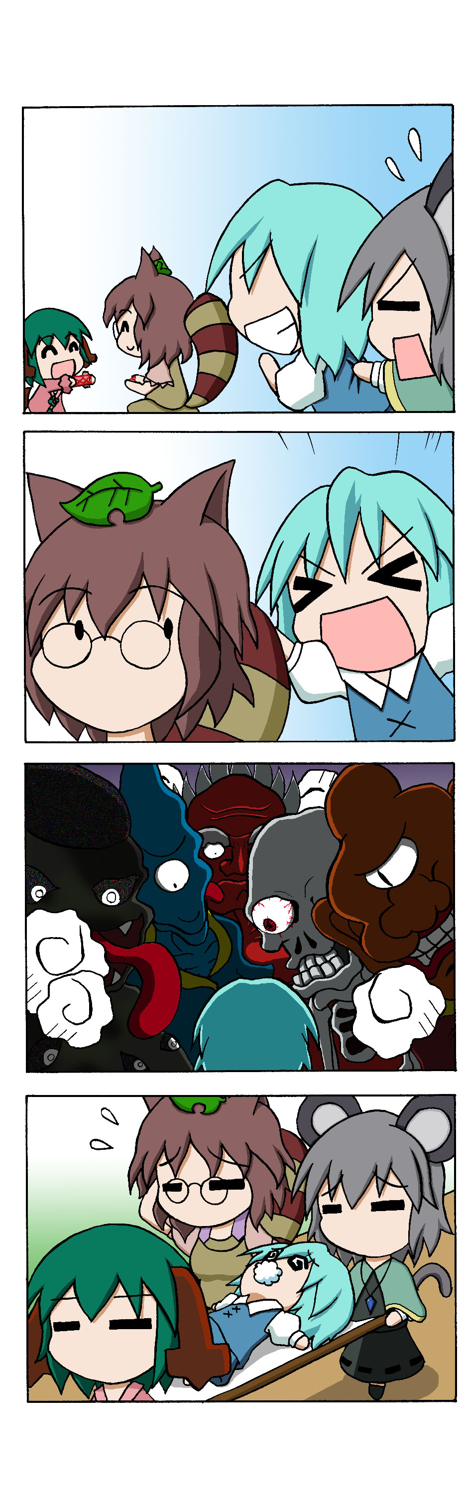 &gt;_&lt; 4girls 4koma absurdres animal_ears blue_hair brown_hair capelet carrying chibi closed_eyes comic dress flying_sweatdrops foaming_at_the_mouth futatsuiwa_mamizou gem glasses green_hair grey_dress grin hachimakirin highres jewelry kasodani_kyouko leaf leaf_on_head monster mouse_ears mouse_tail multiple_girls nazrin necklace open_mouth pendant pince-nez screaming silent_comic smile stretcher tail tatara_kogasa touhou