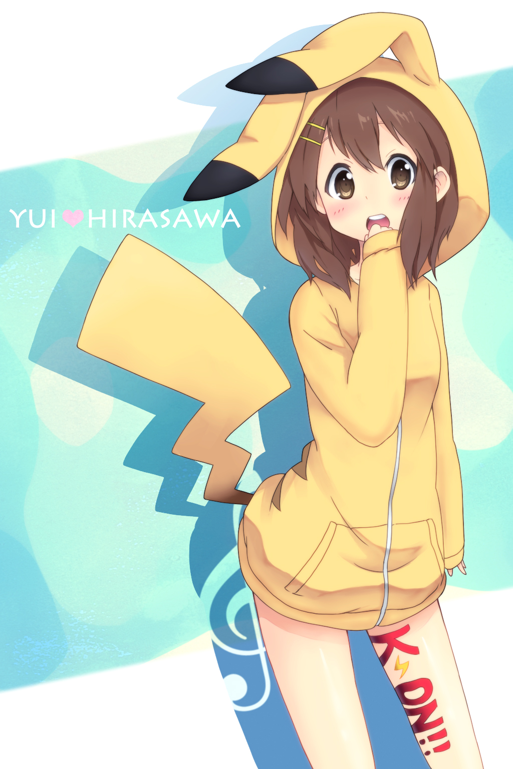 brown_eyes brown_hair cosplay highres hirasawa_yui hiroki_eiki hoodie k-on! pikachu pikachu_(cosplay) pokemon short_hair solo