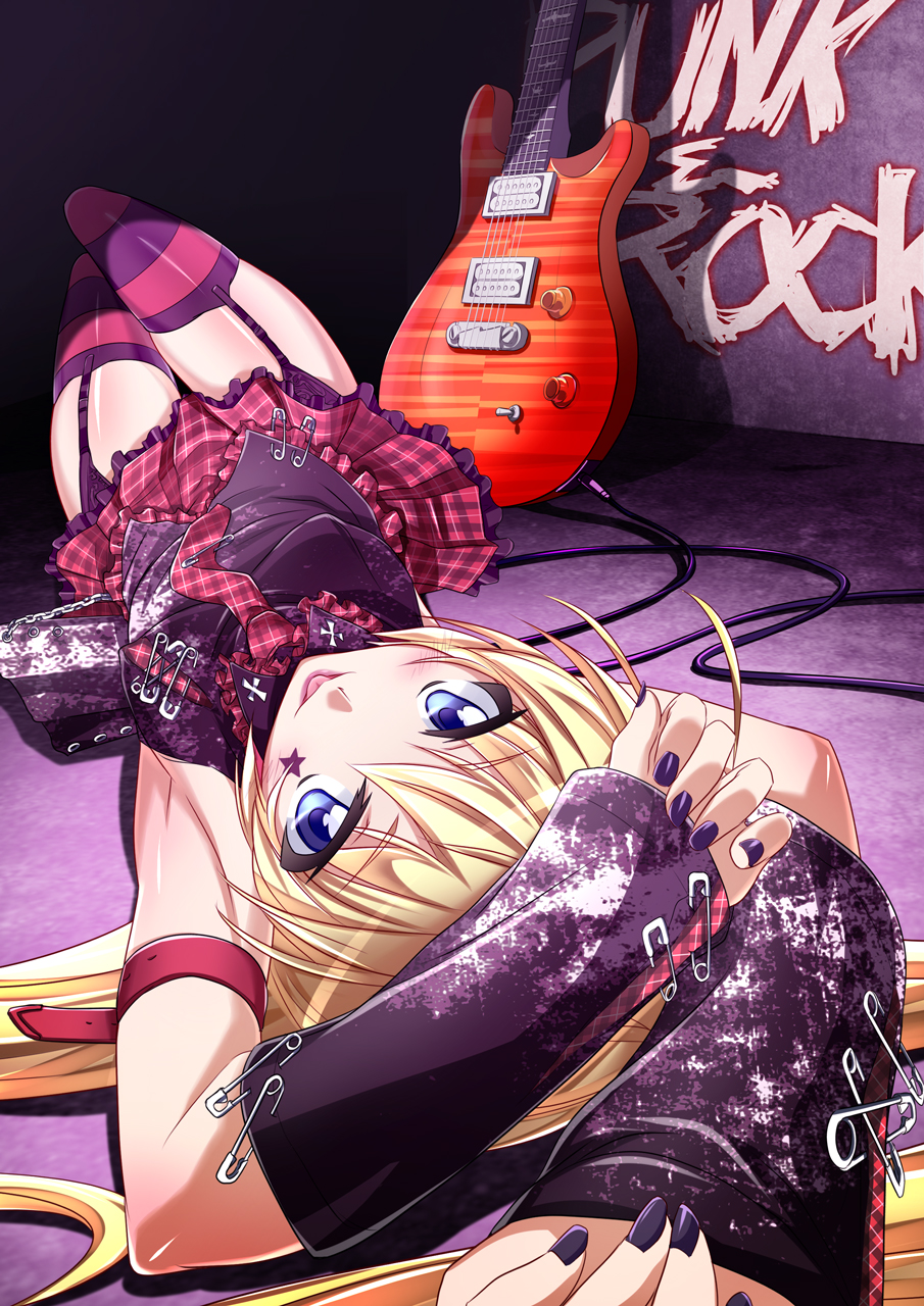 :p armband armpits arms_up belt blonde_hair blue_eyes detached_sleeves electric_guitar garter_straps guitar highres instrument looking_at_viewer lying mtu nail_polish necktie on_back on_floor pixiv_punk_and_rock plaid plaid_skirt safety_pin skirt solo striped striped_legwear thigh-highs thighhighs tongue upside-down