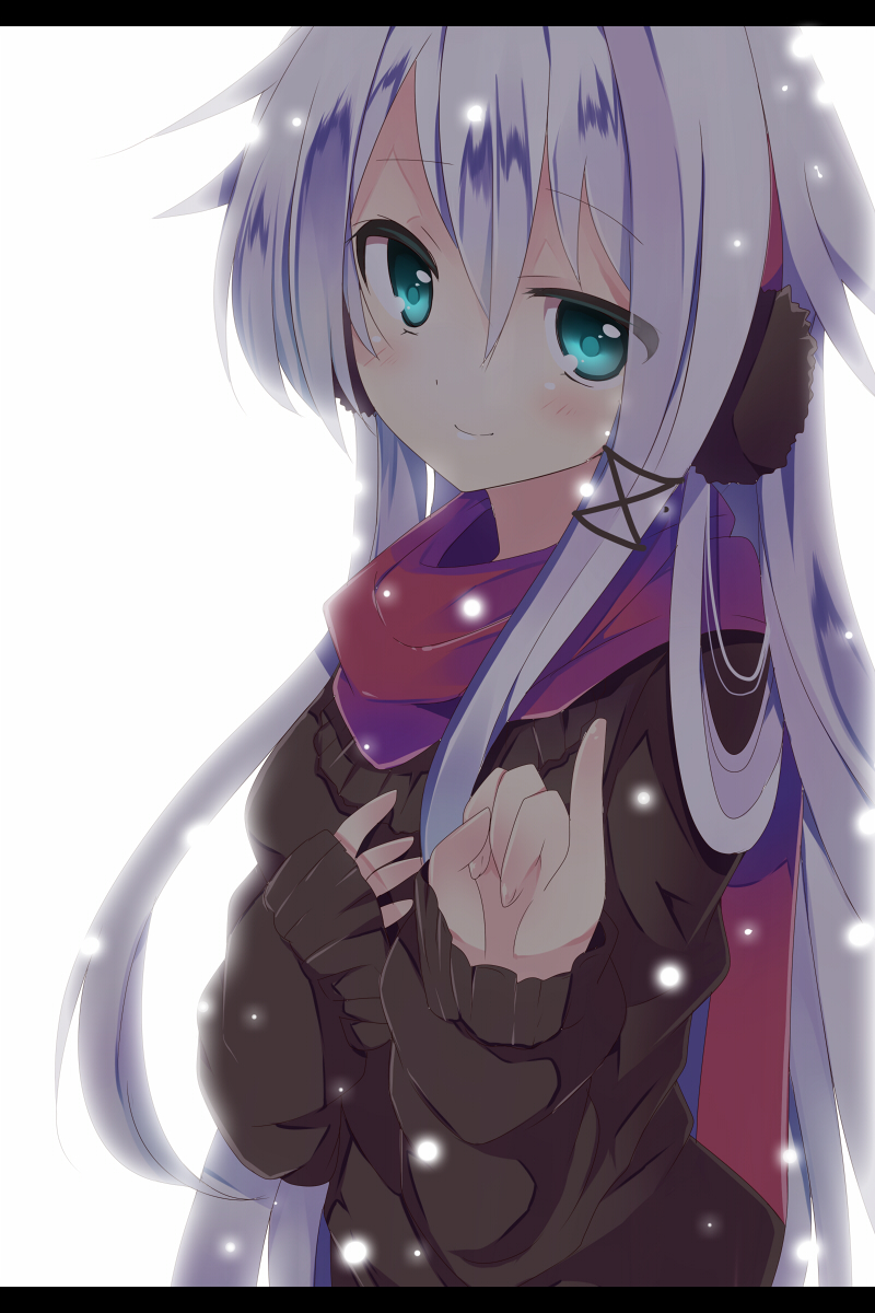 anceril_sacred bad_id blue_eyes blush bust earmuffs hair_ornament hand_on_own_chest hand_to_chest highres letterboxed long_hair looking_at_viewer mishima_kurone original pinky_out scarf silver_hair smile snow solo sweater