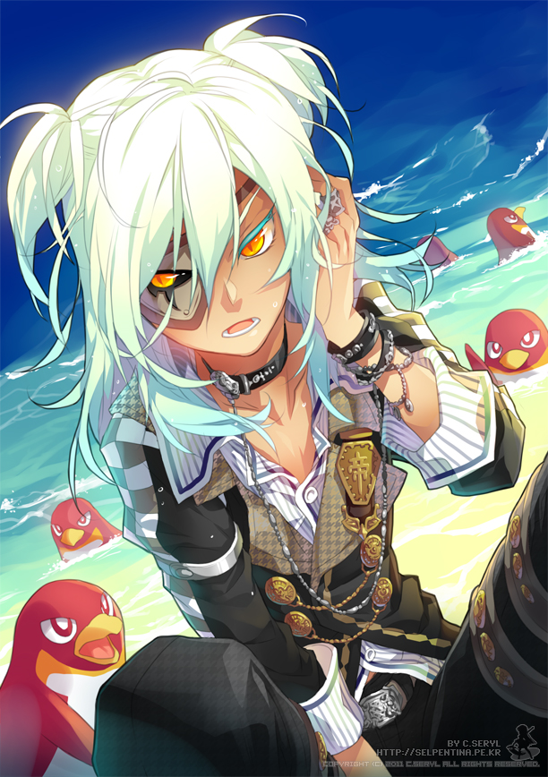 bird bracelet c.seryl chain chains choker eyepatch inazuma_eleven inazuma_eleven_(series) jewelry long_hair male ocean open_mouth penguin sakuma_jirou short_twintails sitting trap twintails white_hair yellow_eyes