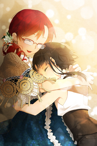 black_hair bolero brenika_answer corset cropped_jacket dress dress_shirt drill_hair flat_chest flower frills glasses hug lowres multiple_girls open_mouth red_hair redhead salt_(salty) shirt short_hair shorts sita_vilosa sword_girls vernika_answer