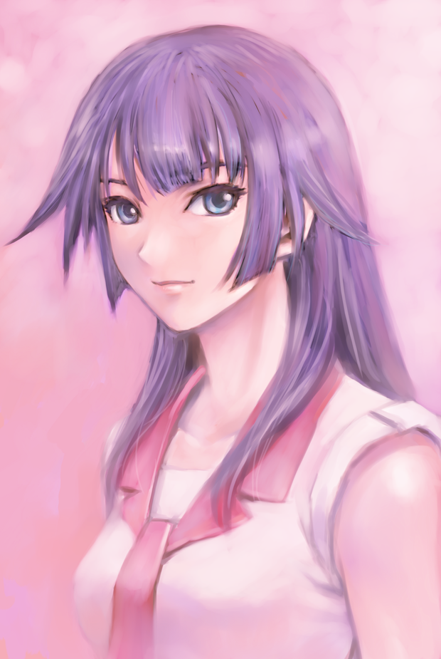 blue_eyes face light_smile long_hair looking_at_viewer monogatari_(series) portrait purple_hair school_uniform senjougahara_hitagi sleeves_rolled_up solo yusao