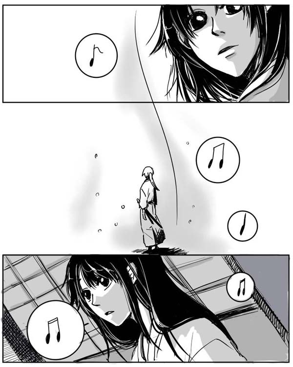 comic himura_kenshin japanese_clothes kamiya_kaoru kimu_(risatoko) long_hair monochrome musical_note rurouni_kenshin sword weapon