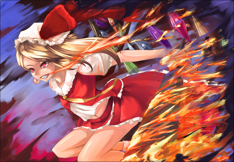 bare_legs blonde_hair breathing_fire dacho fang fire flame flaming_sword flandre_scarlet grin hat hat_ribbon long_hair midriff necktie open_clothes red_eyes ribbon skirt skirt_set smile solo sword the_embodiment_of_scarlet_devil touhou weapon wings