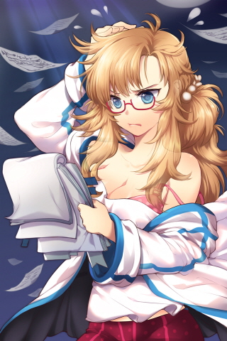 bittersweet_(dalcoms) blue_eyes bra breasts brown_hair cleavage coat glasses hair_ornament lingerie lowres messy_hair paper quartermaster_knight solo sword_girls underwear