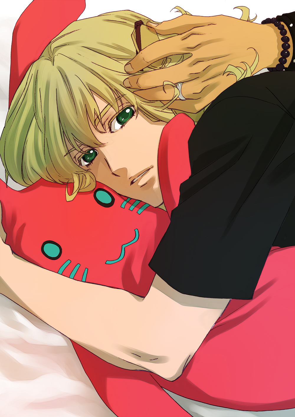 barnaby_brooks_jr bed blonde_hair bracelet green_eyes highres jewelry kaburagi_t_kotetsu male mikuni_saho multiple_boys petting ring stuffed_animal stuffed_bunny stuffed_toy t-shirt tiger_&amp;_bunny watch wedding_band wristwatch