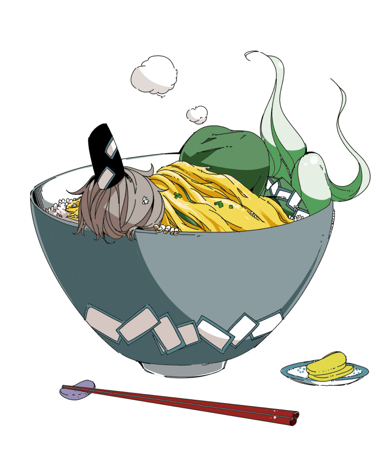 bowl chopsticks dress food ghost ghost_tail green_dress green_hair grey_hair hat no_humans peptide rice short_hair soga_no_tojiko solo steam touhou