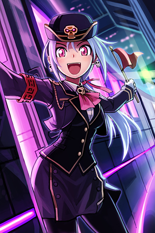 armband blue_hair bolero cropped_jacket dress_shirt earrings fangs flag gloves hat jewelry lowres multicolored_hair open_mouth pantyhose pink_eyes ponytail purple_hair ribbon shirt skirt skull smile solo sword_girls uniform vest