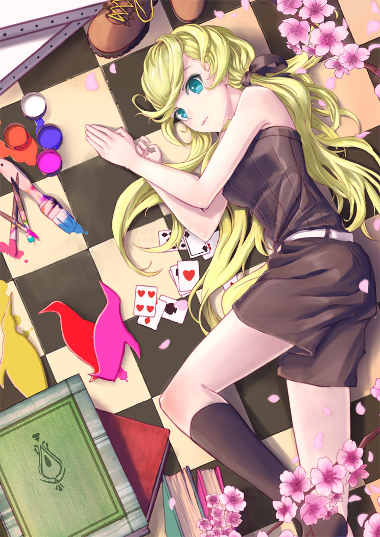 blue_eyes boots card cards checkered checkered_floor flower long_hair lying lying_card on_side original paint paintbrush playing_card solo utsuro_ku