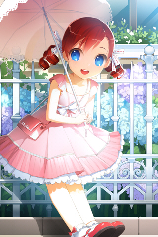 bag blue_eyes bow brenika_answer child dress drill_hair flower footwear frills lace lowres mary_janes open_mouth purse red_hair redhead ribbon shoes short_hair socks solo sword_girls umbrella vernika_answer